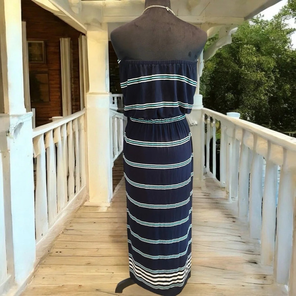 J. Crew Navy White & Aqua Striped Maxi Dress pockets size small - Picture 2 of 7
